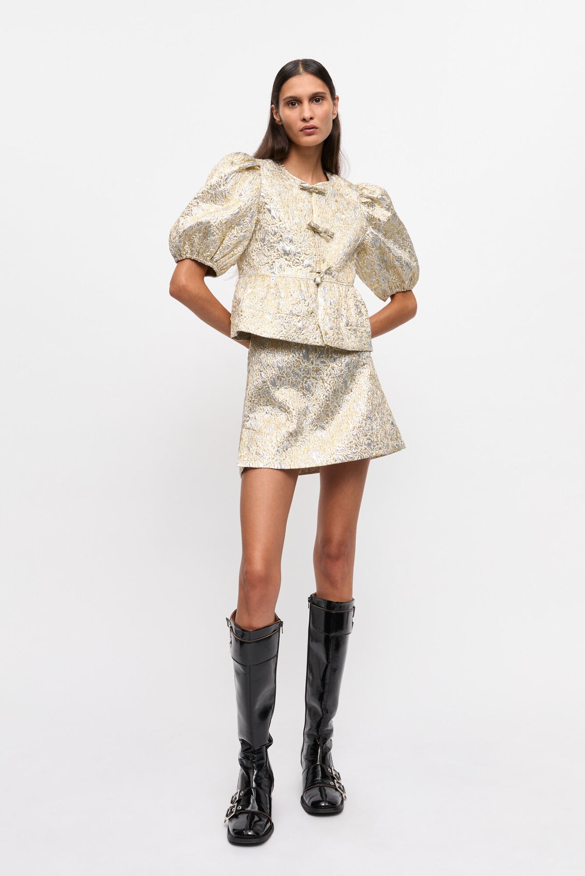 Metallic Cloque Peplum Blouse - Gold/Silver