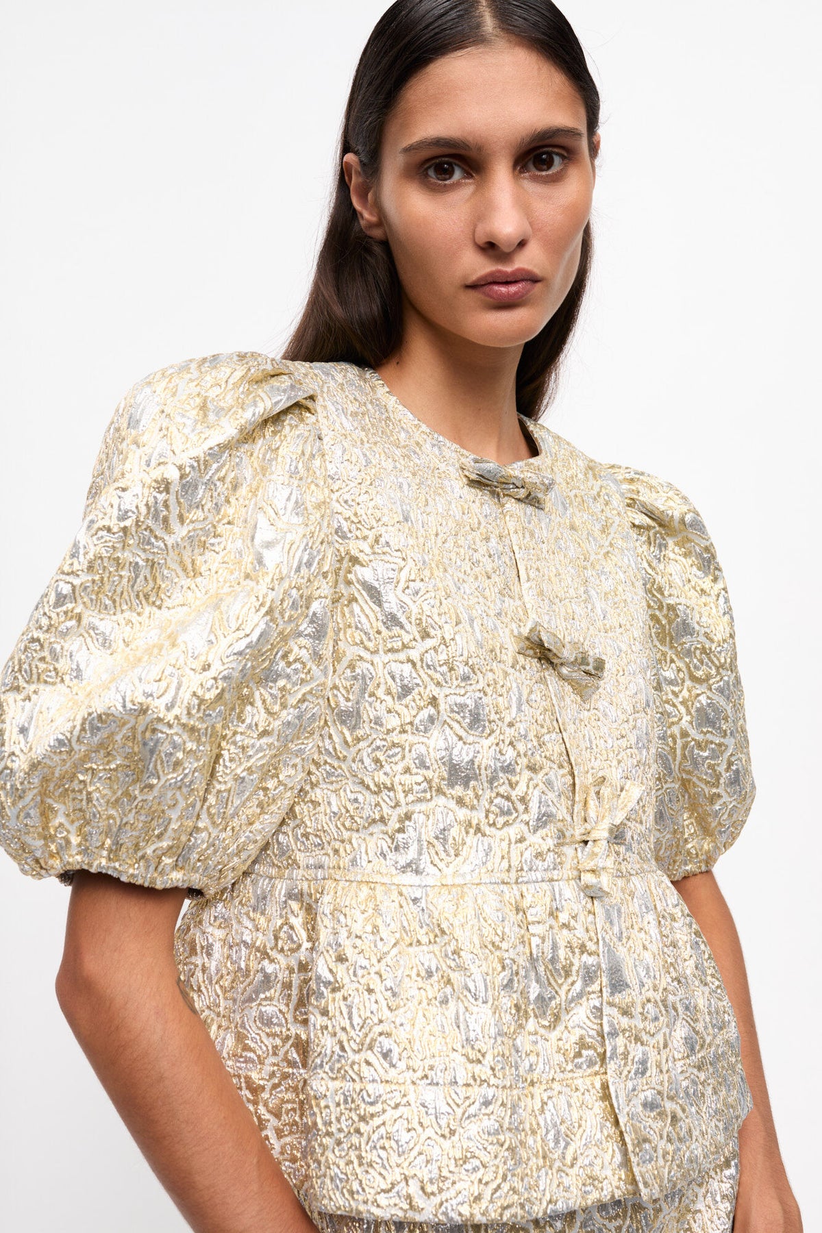 Metallic Cloque Peplum Blouse - Gold/Silver