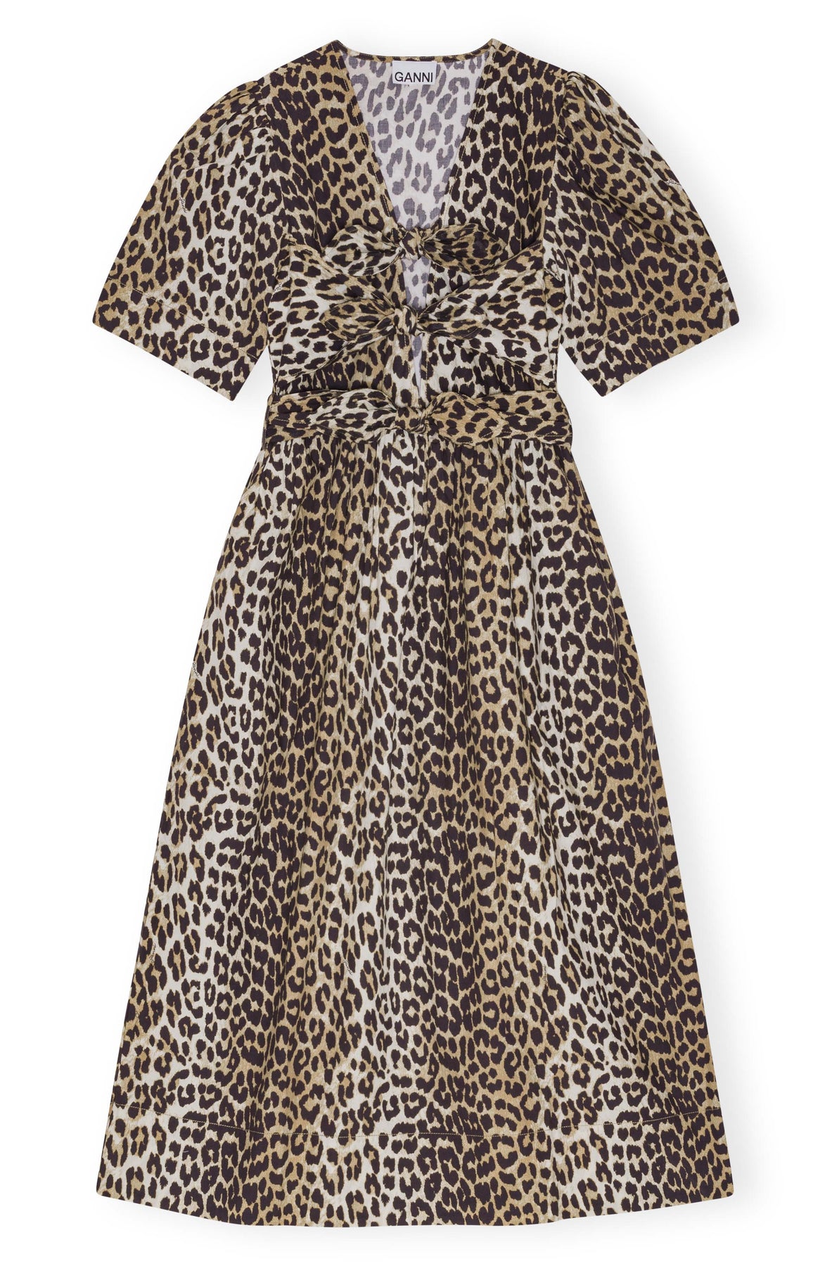 GANNI Printed Cotton Tie Strap Midiklänning - Leopard