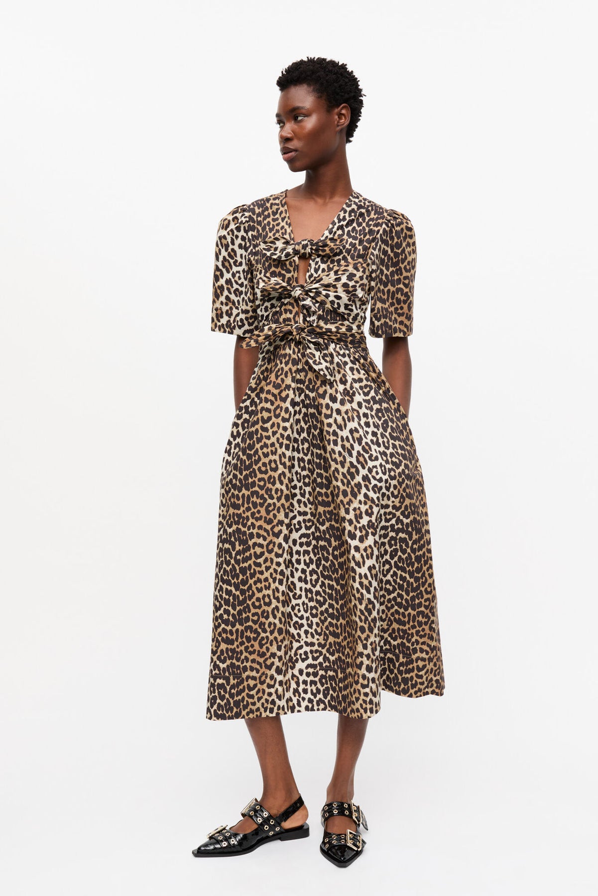 GANNI Printed Cotton Tie Strap Midiklänning - Leopard