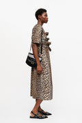 GANNI Printed Cotton Tie Strap Midiklänning - Leopard