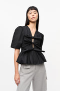 Washed Stretch Cotton Tie Strap Blouse - Svart