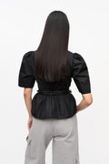 Washed Stretch Cotton Tie Strap Blouse - Svart