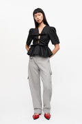 Washed Stretch Cotton Tie Strap Blouse - Svart