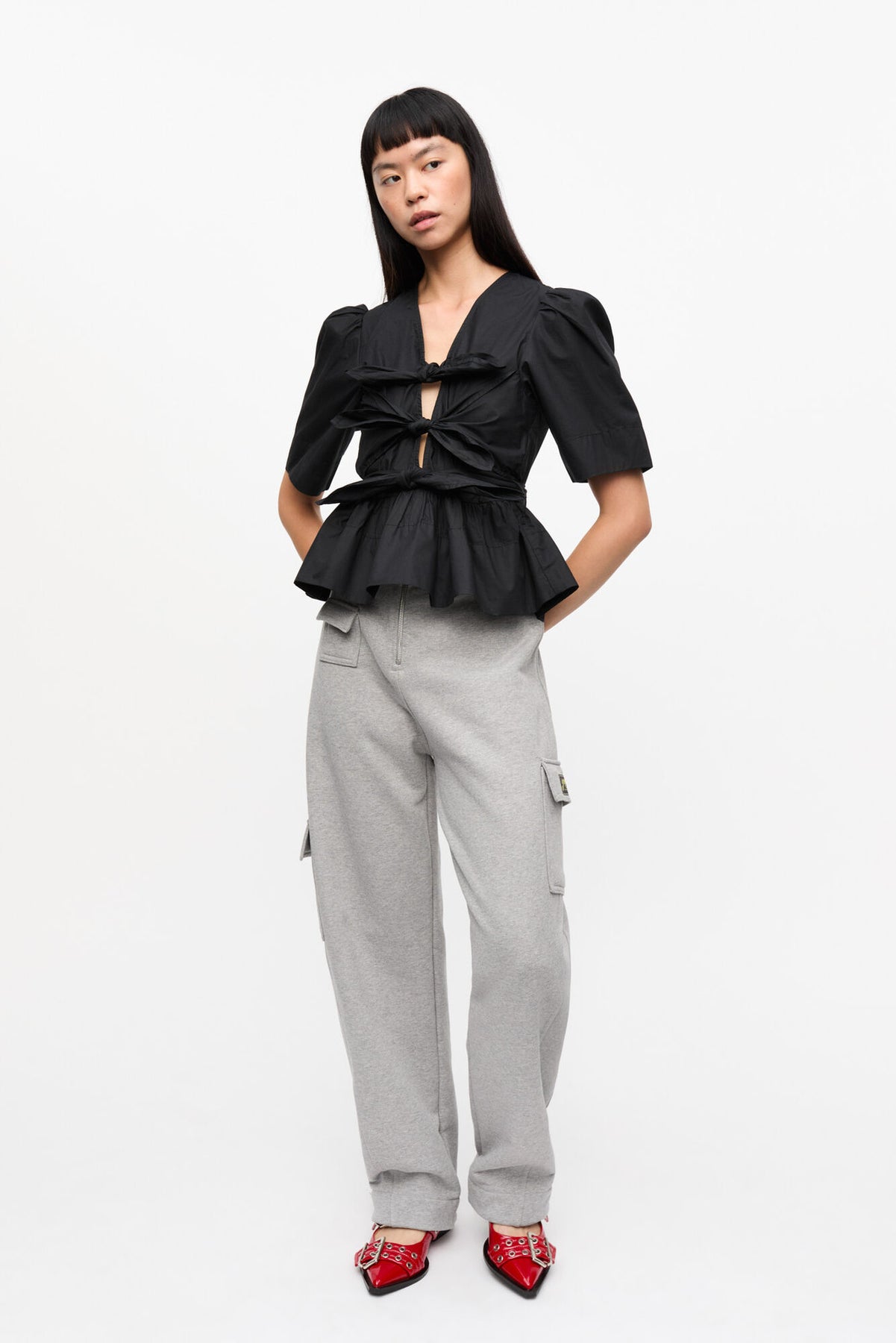 Washed Stretch Cotton Tie Strap Blouse - Svart