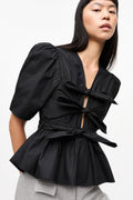 Washed Stretch Cotton Tie Strap Blouse - Svart
