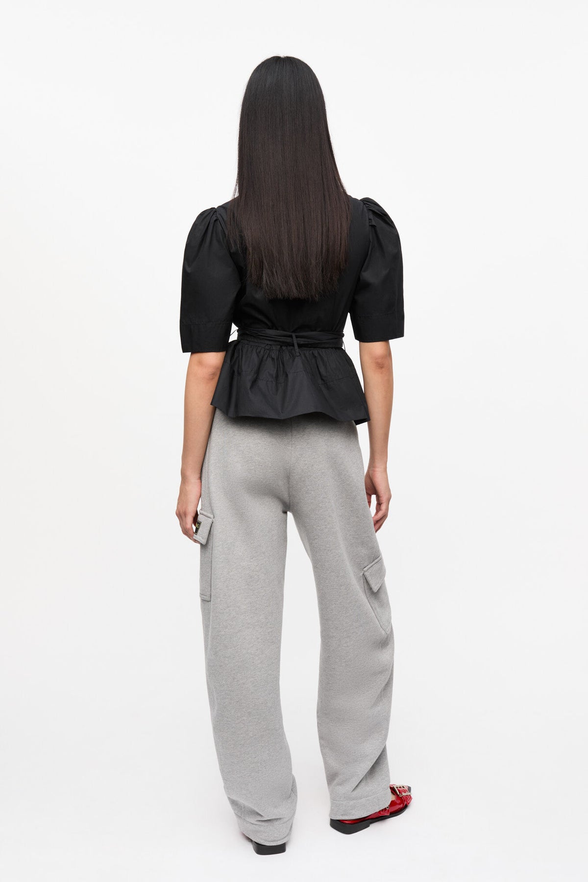 Washed Stretch Cotton Tie Strap Blouse - Svart