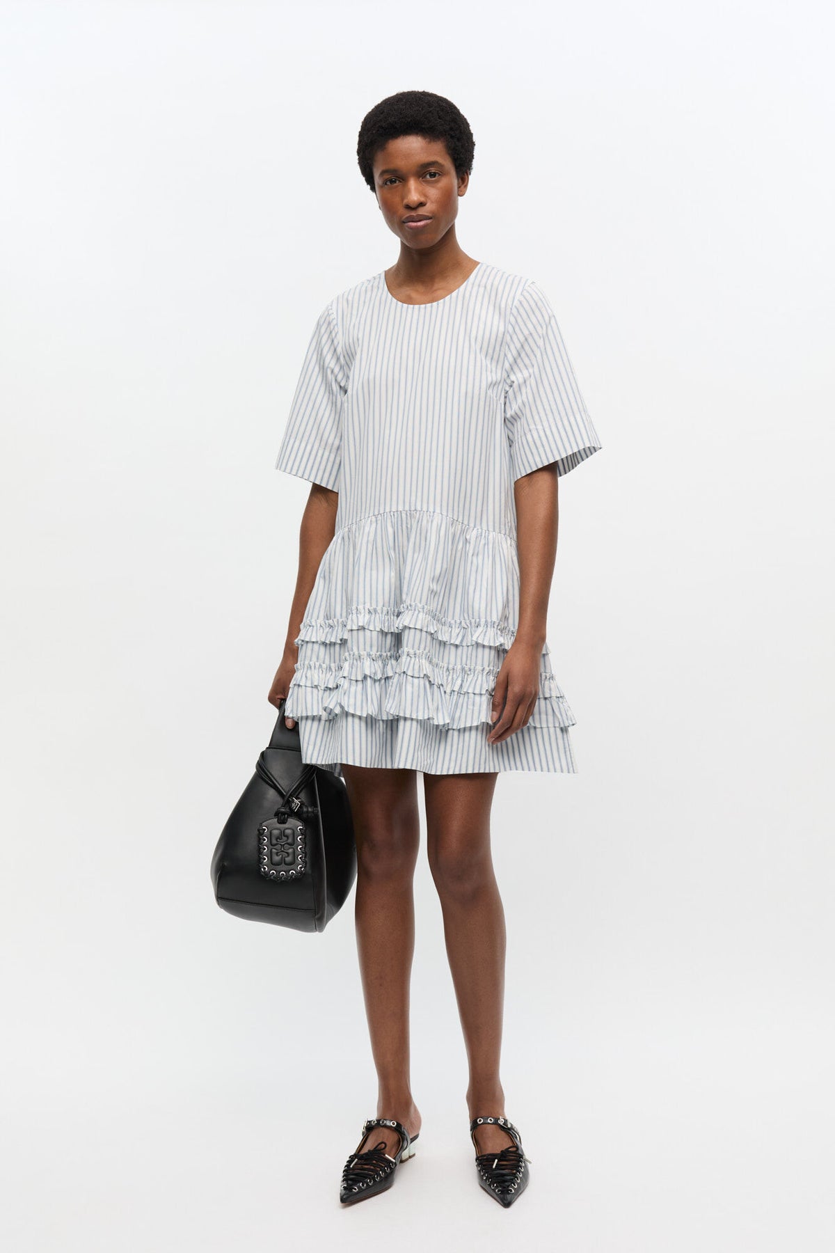 Ganni Stripe Cotton Mini Dress - Egret