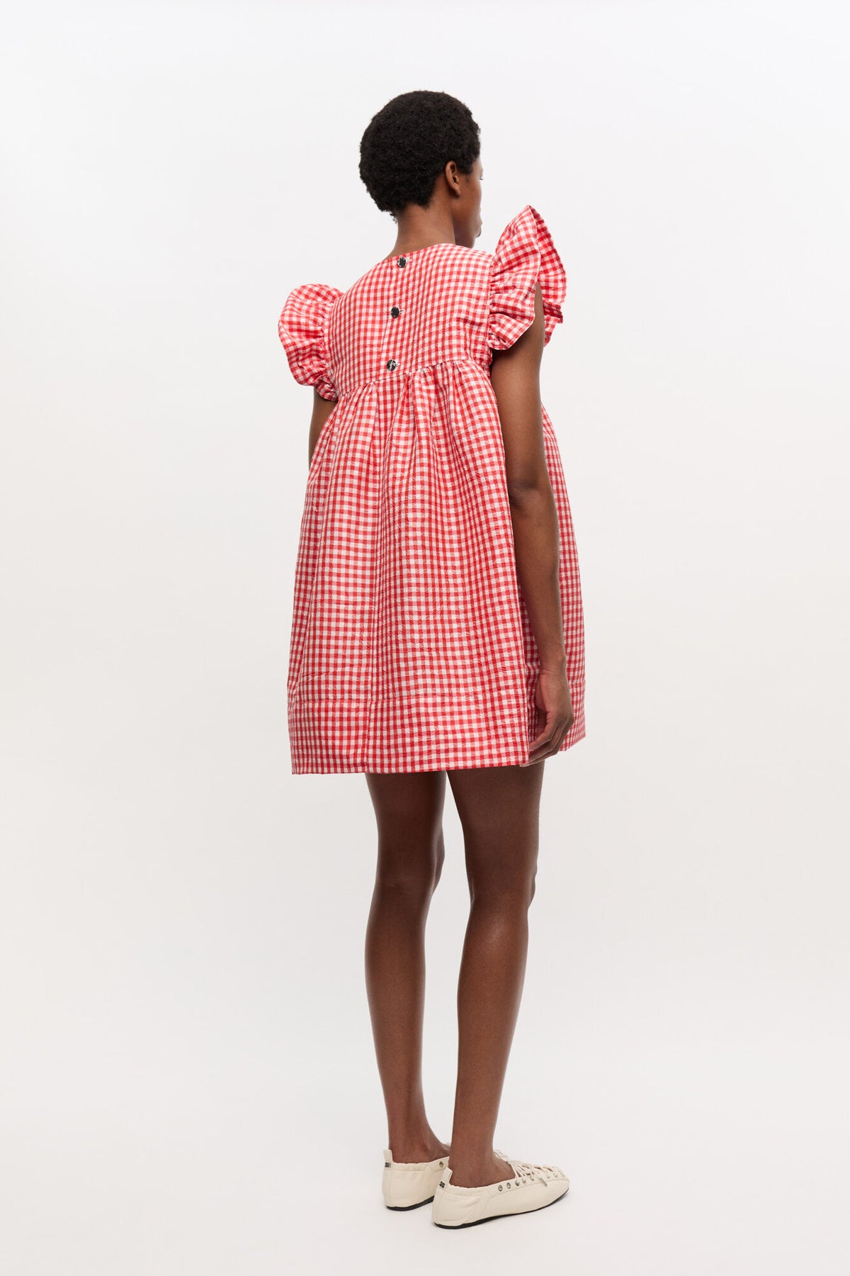 Crinkled Taffeta Check Frill Mini Dress - Red Alert