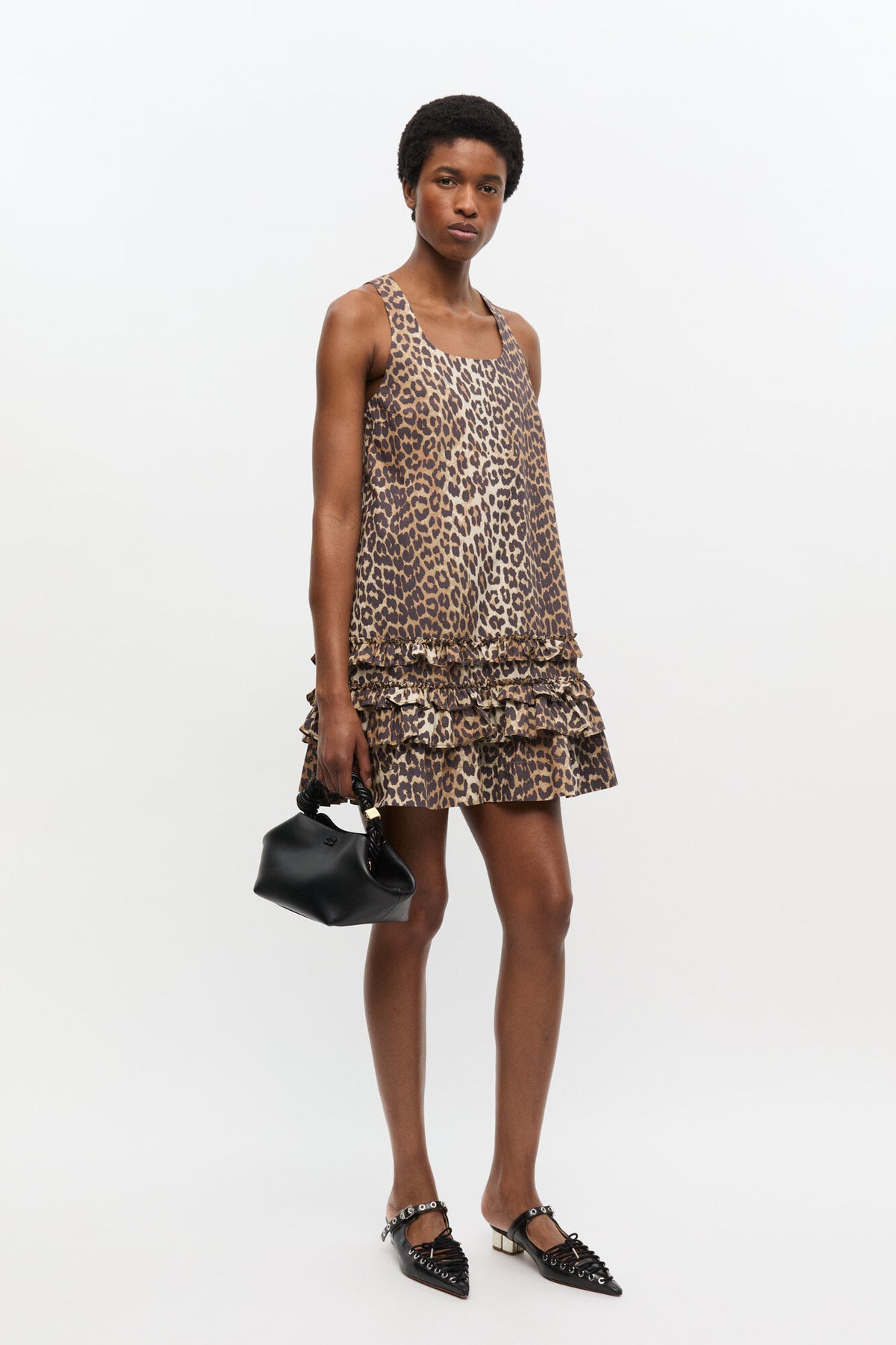 Printed Cotton Poplin U-Neck Mini Dress - Leopard