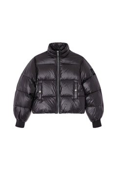 Shiny Nylon Short Puffer Jacket - Black