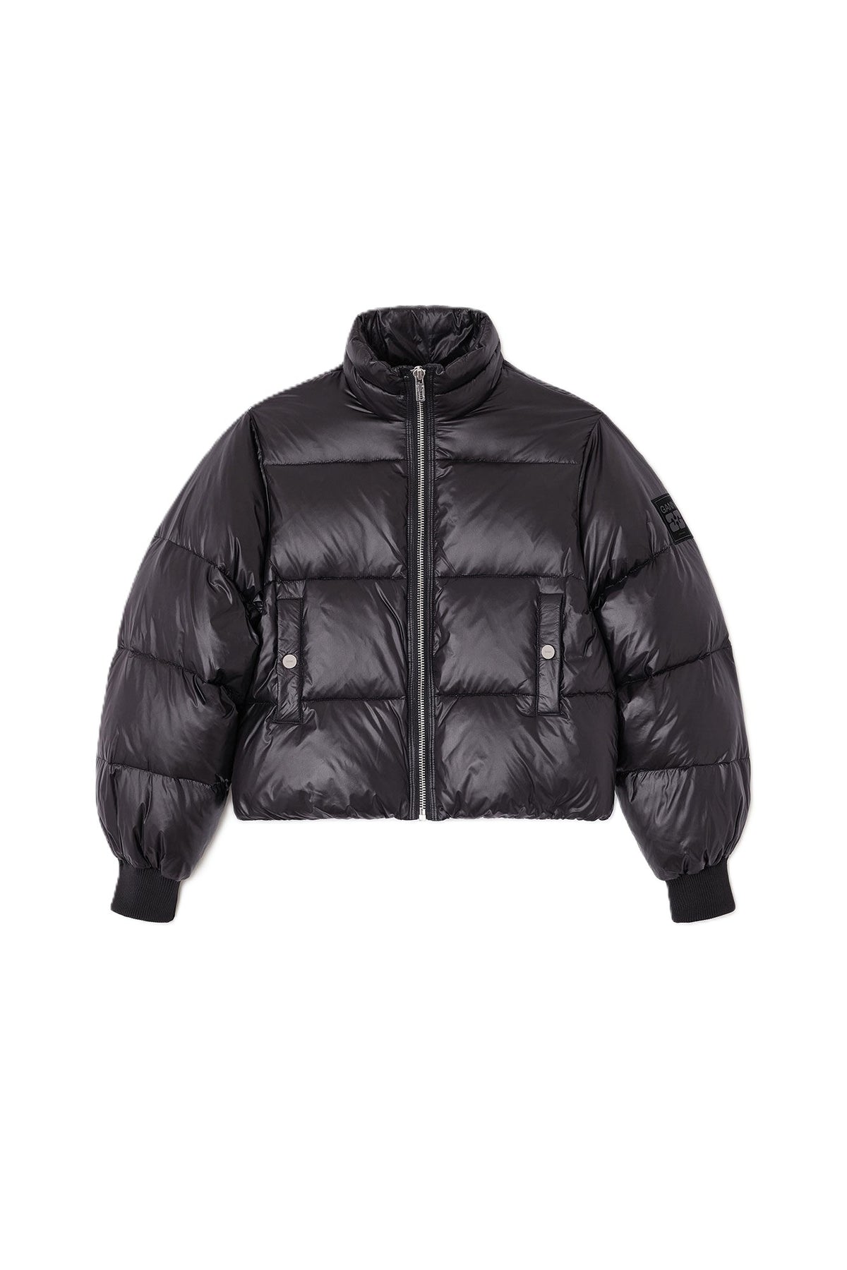Shiny Nylon Short Puffer Jacket - Svart