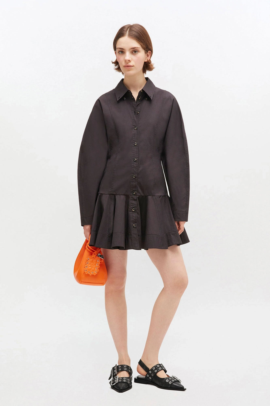 Stretch Cotton Buttoned Mini Dress - Black