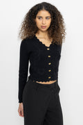 Cotton Cashmere Crochet Applique Cardigan - Black