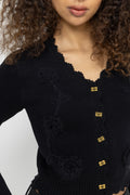 Cotton Cashmere Crochet Applique Cardigan - Black