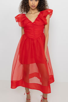 Textured Organza Long Ruched Dress - Mars Red