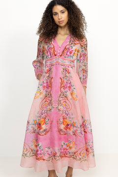 Frida Long Dress Silk Linen - Coral