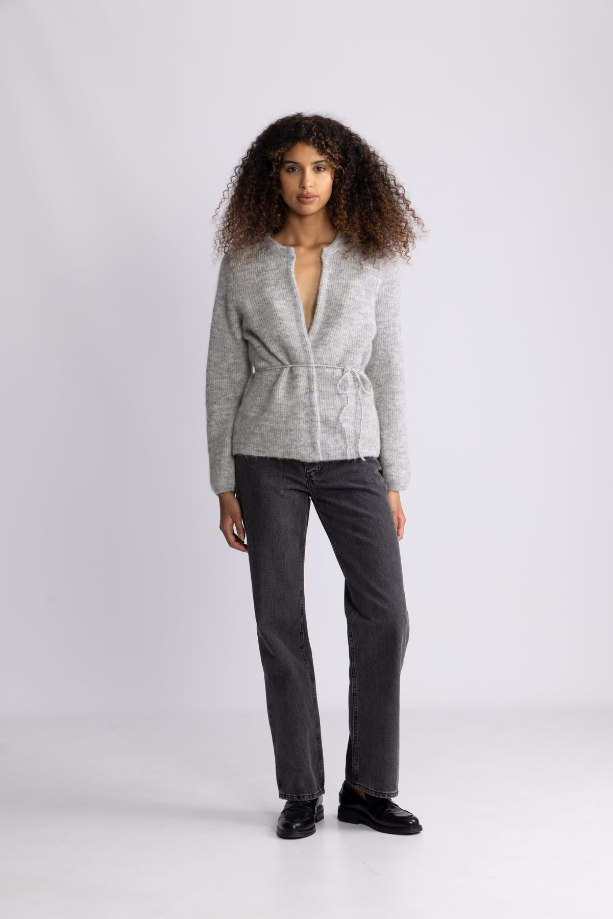 Sia Ras Ls Knit Belt Kofta - Light Grey Melange