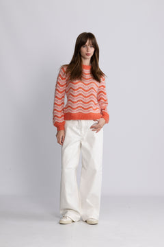 Yasemani Ls Knit Pullover S. - Hot Coral Tickled Pink + Birch