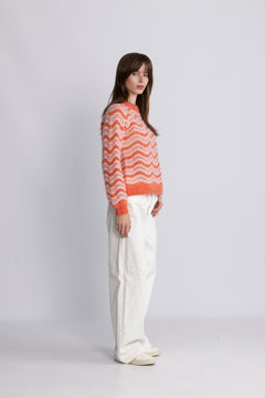 Yasemani Ls Knit Pullover S. - Hot Coral Tickled Pink + Birch