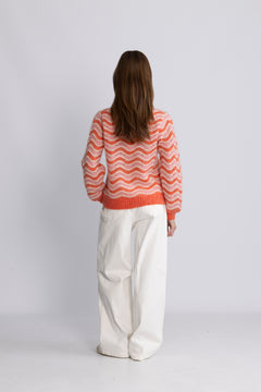 Yasemani Ls Knit Pullover S. - Hot Coral Tickled Pink + Birch