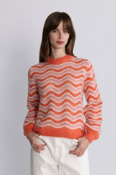 Yasemani Ls Knit Pullover S. - Hot Coral Tickled Pink + Birch