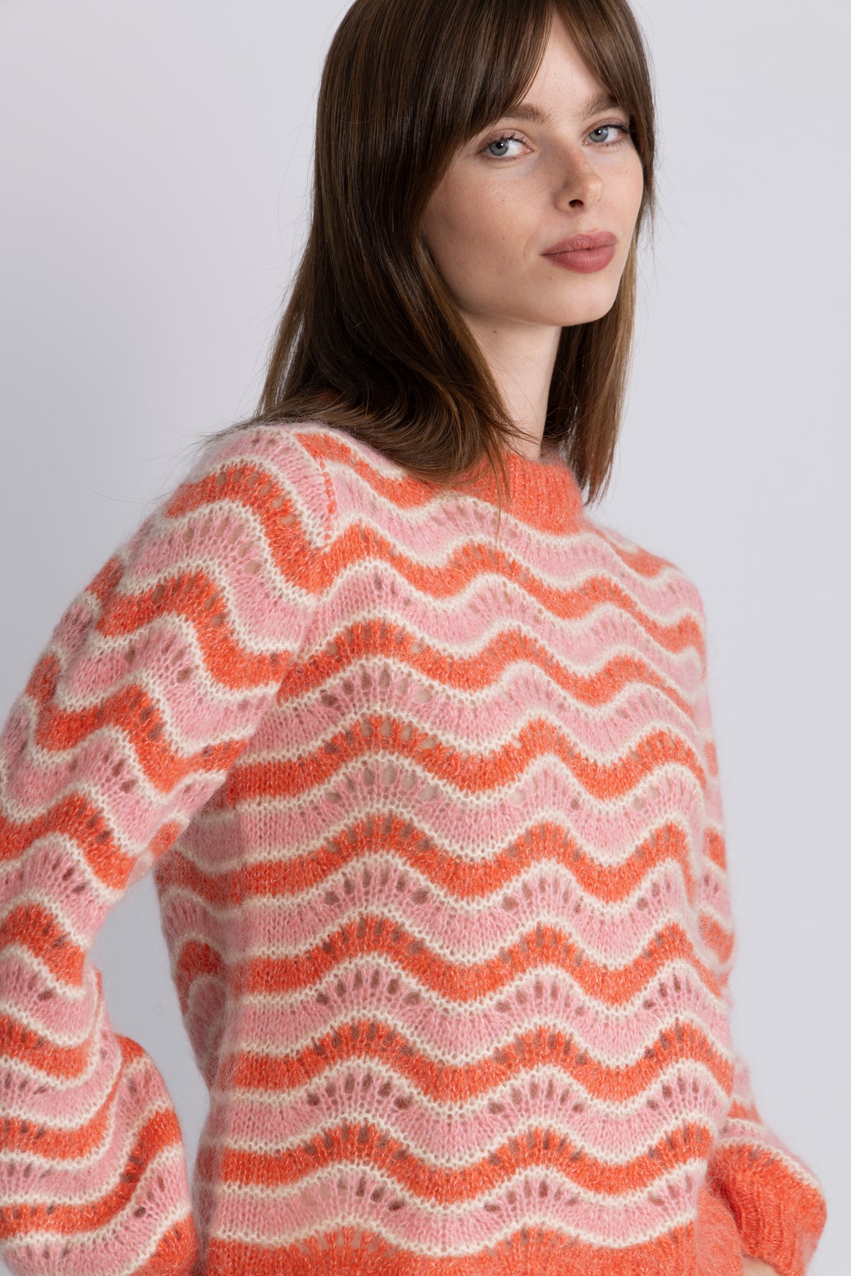 Yasemani Ls Knit Pullover S. - Hot Coral Tickled Pink + Birch