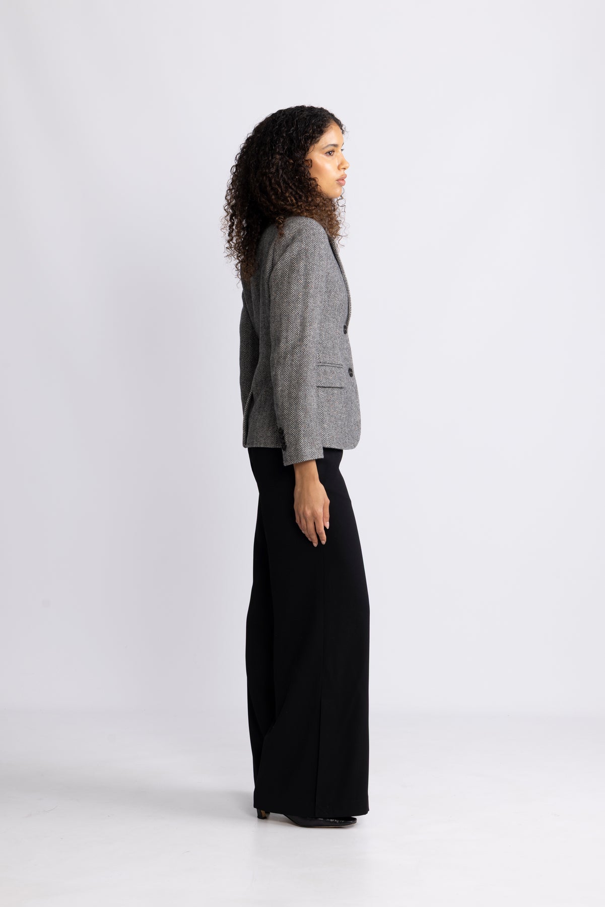 Slim Wool Blend Herringbone Blazer - Dark Grey Melange