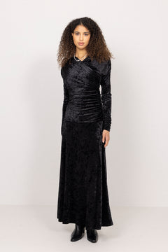 Velour Jersey Ruched Long  Dress - Black