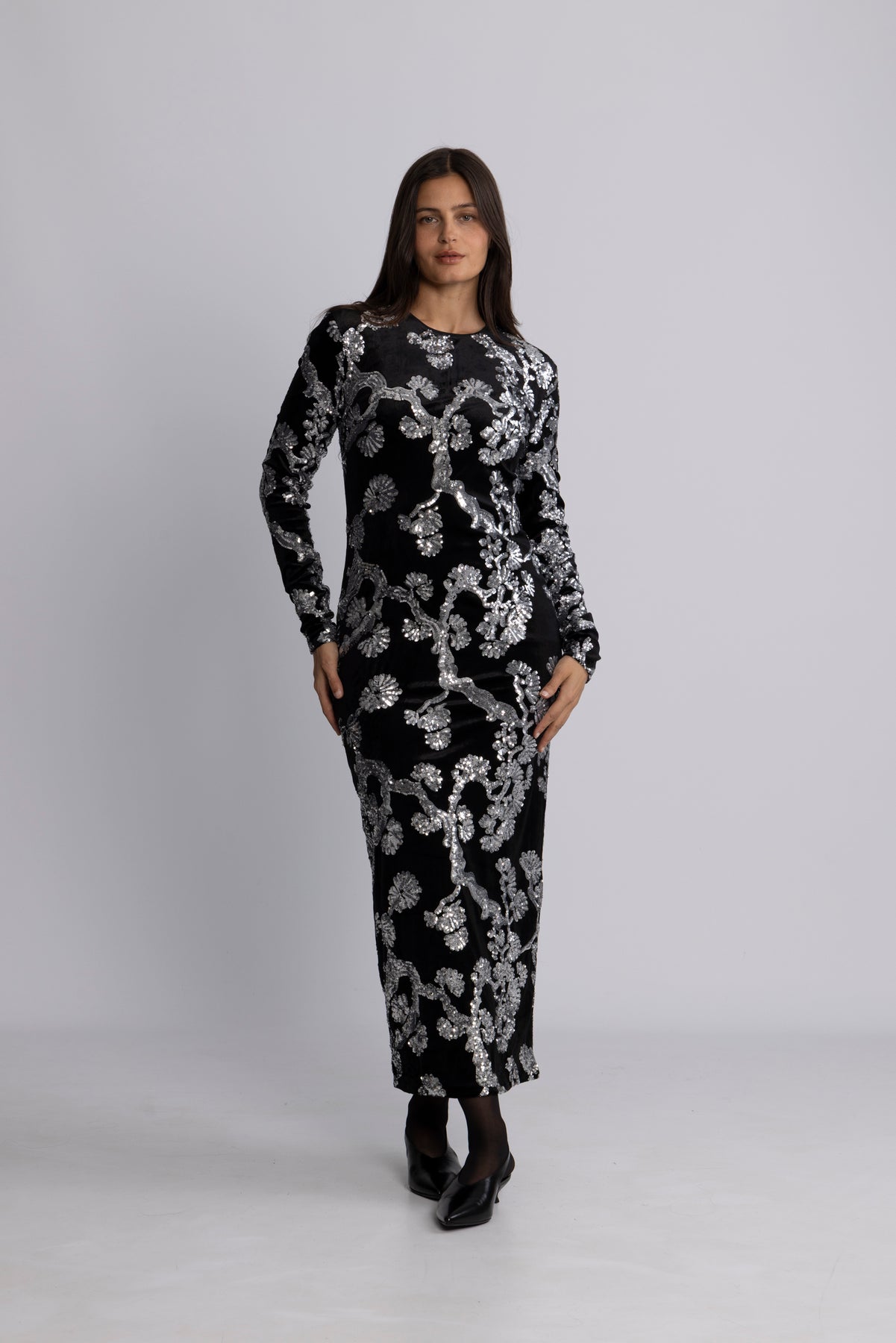 Yasflorana Ls Long Dress - Black Silver Sequins