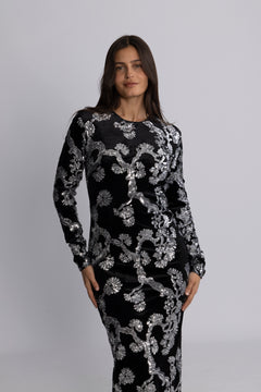 Yasflorana Ls Long Dress - Black Silver Sequins