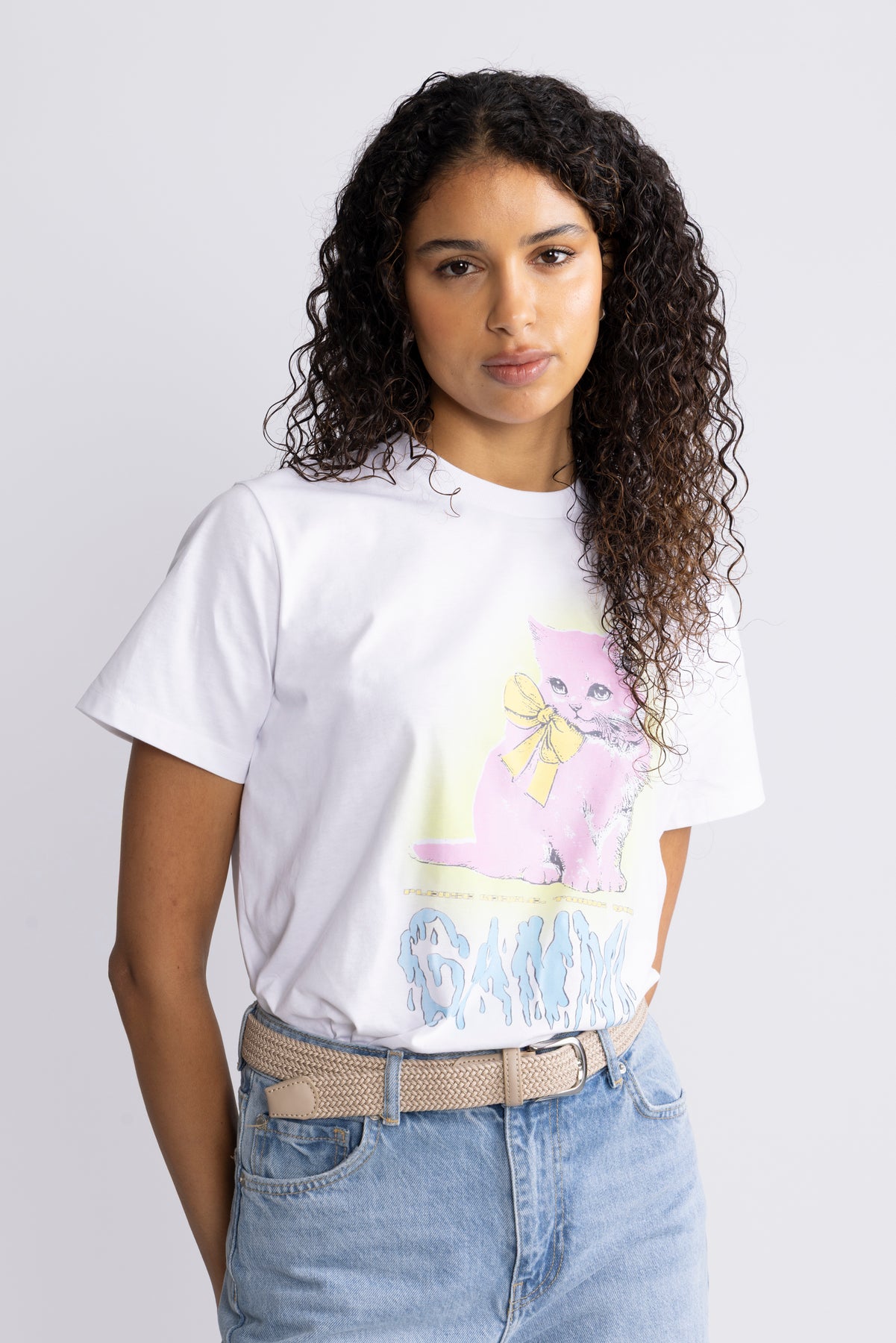 Basic Cotton Jersey Neon Kitty T-Shirt - Bright White