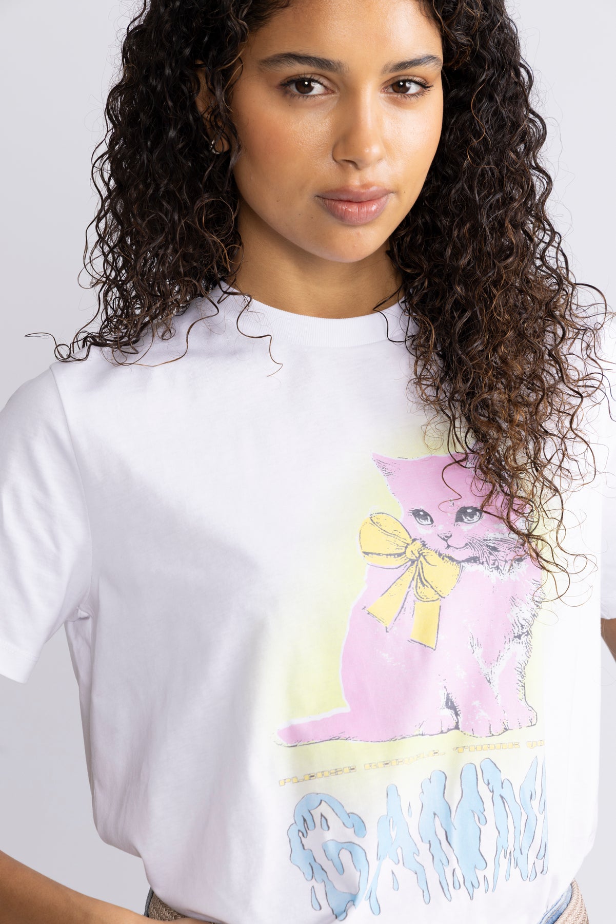 Basic Cotton Jersey Neon Kitty T-Shirt - Bright White
