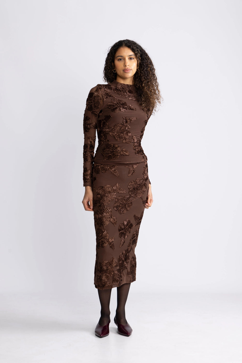 Flower Mesh Ls Top - Chicory Coffee