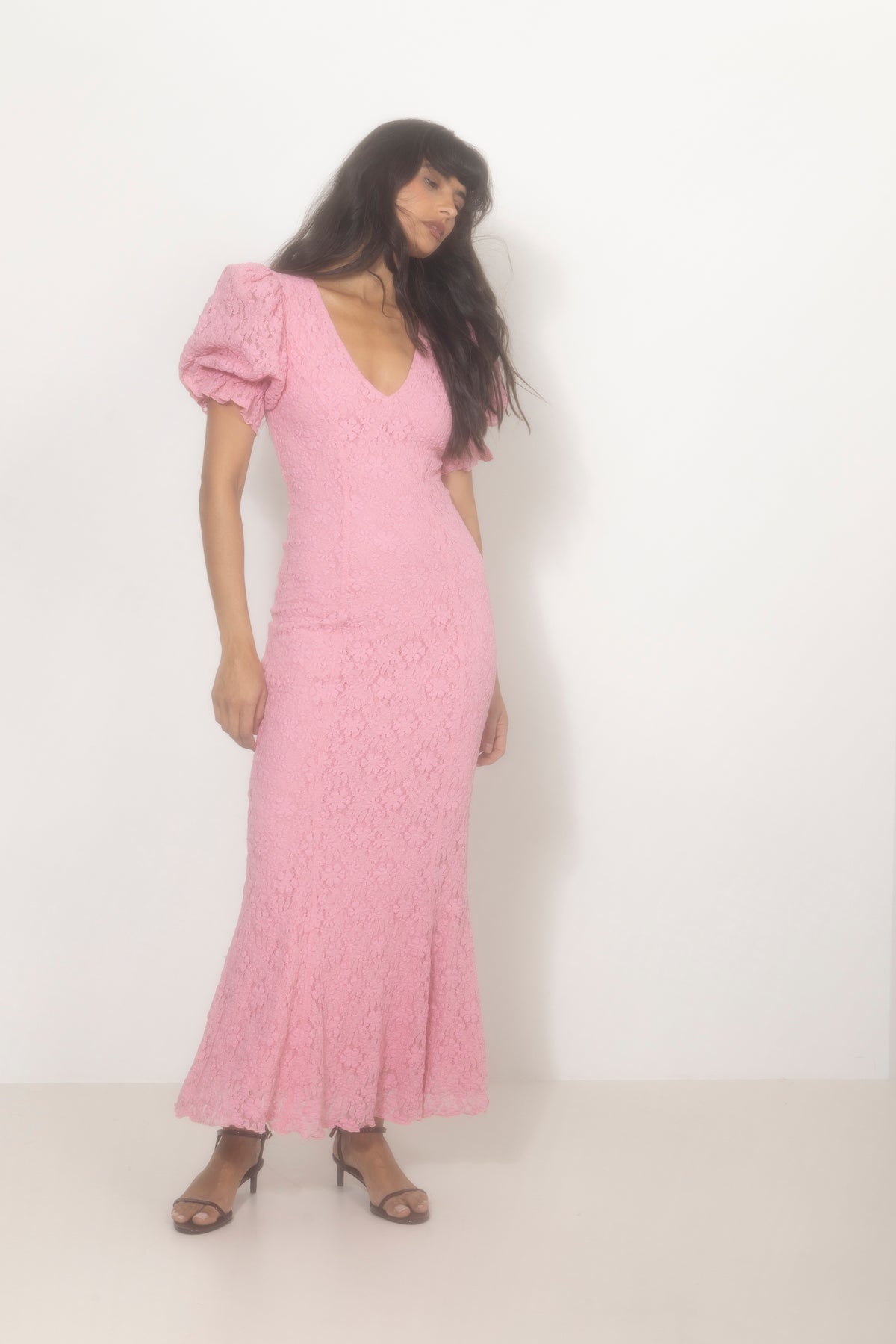 Lace Puff Sleeve Dress - Sea Pink