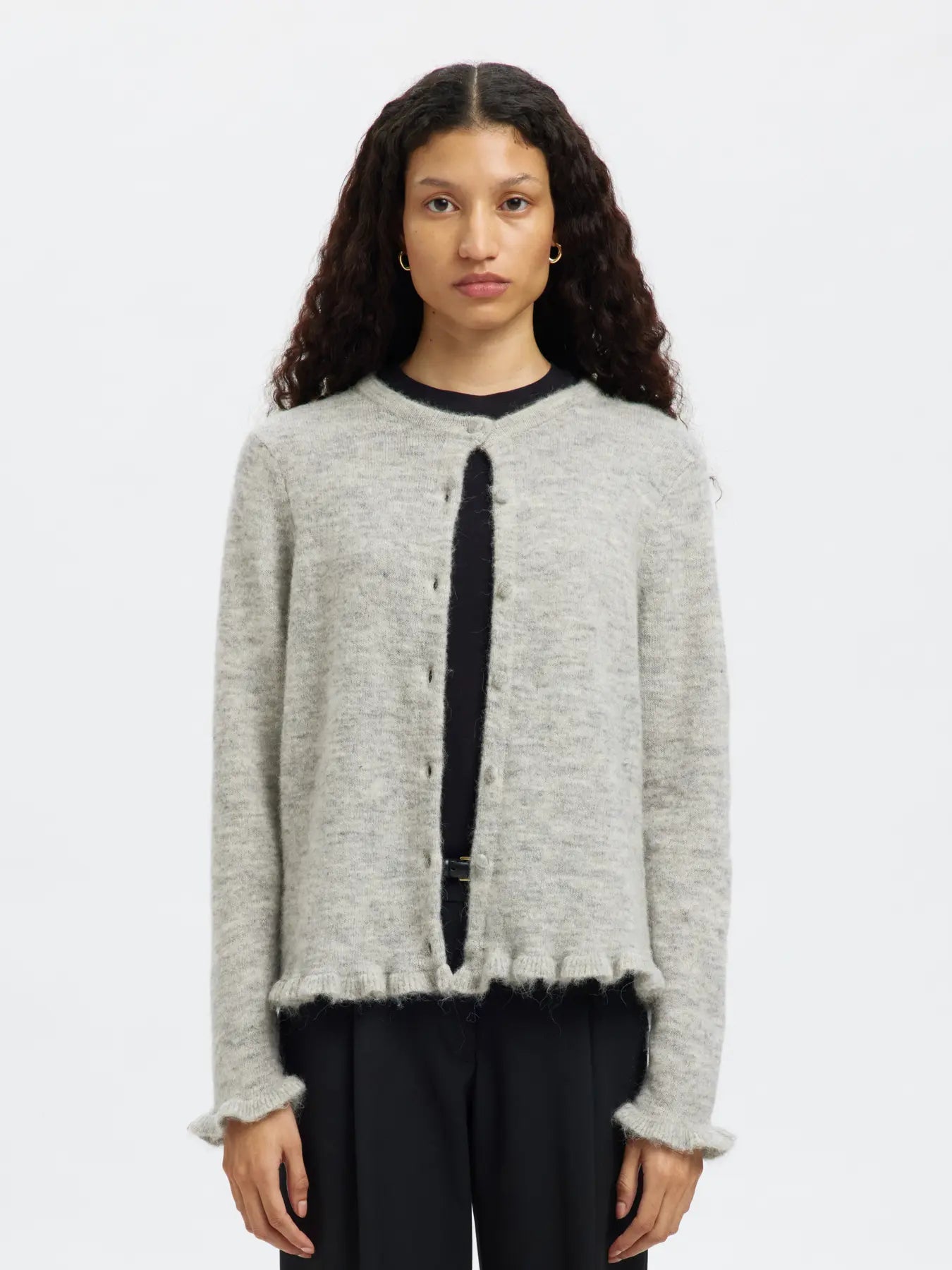 Lulu Frill Ls Knit Cardigan - Ljusgrå melange