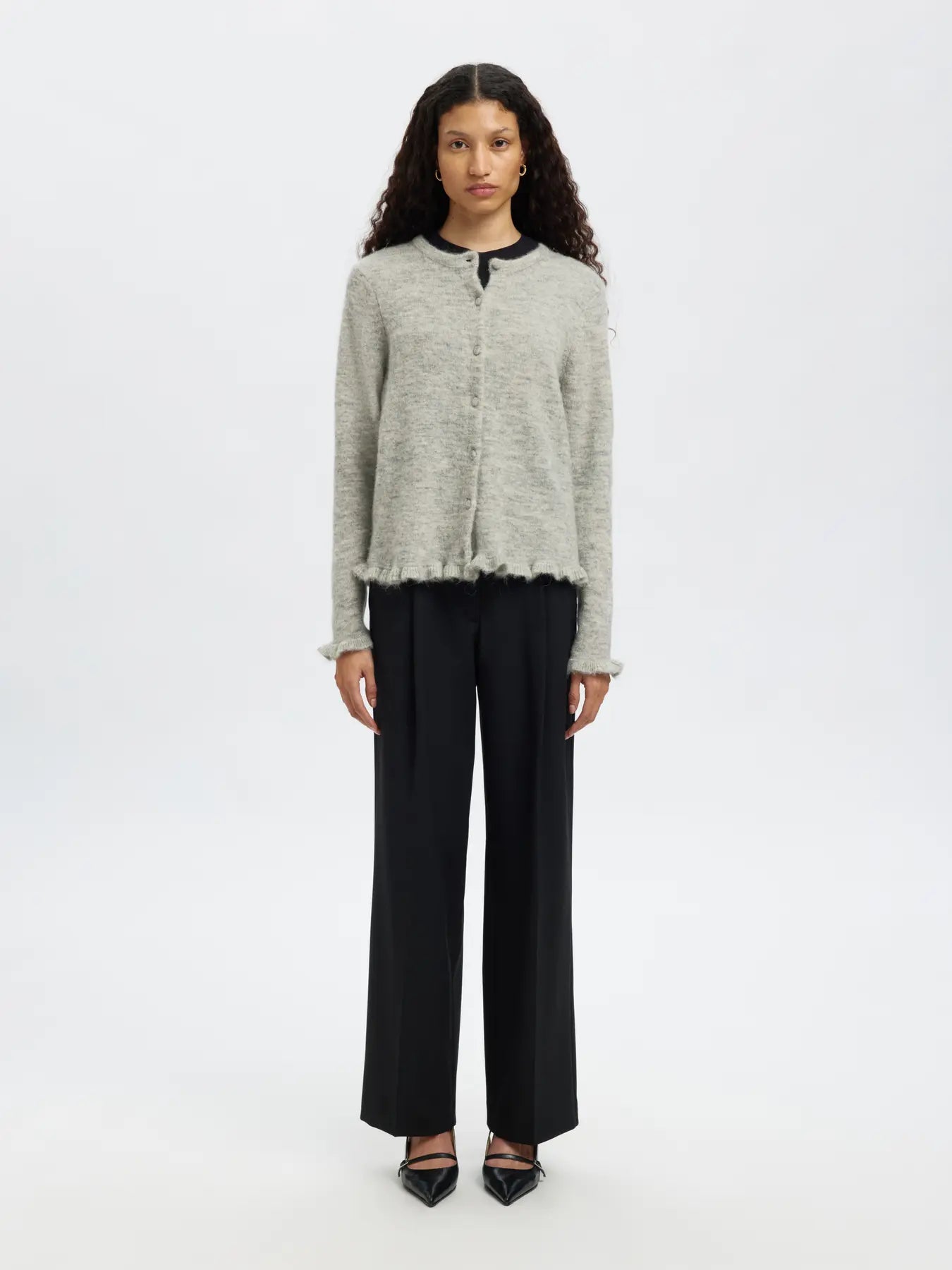 Lulu Frill Ls Knit Cardigan - Ljusgrå melange