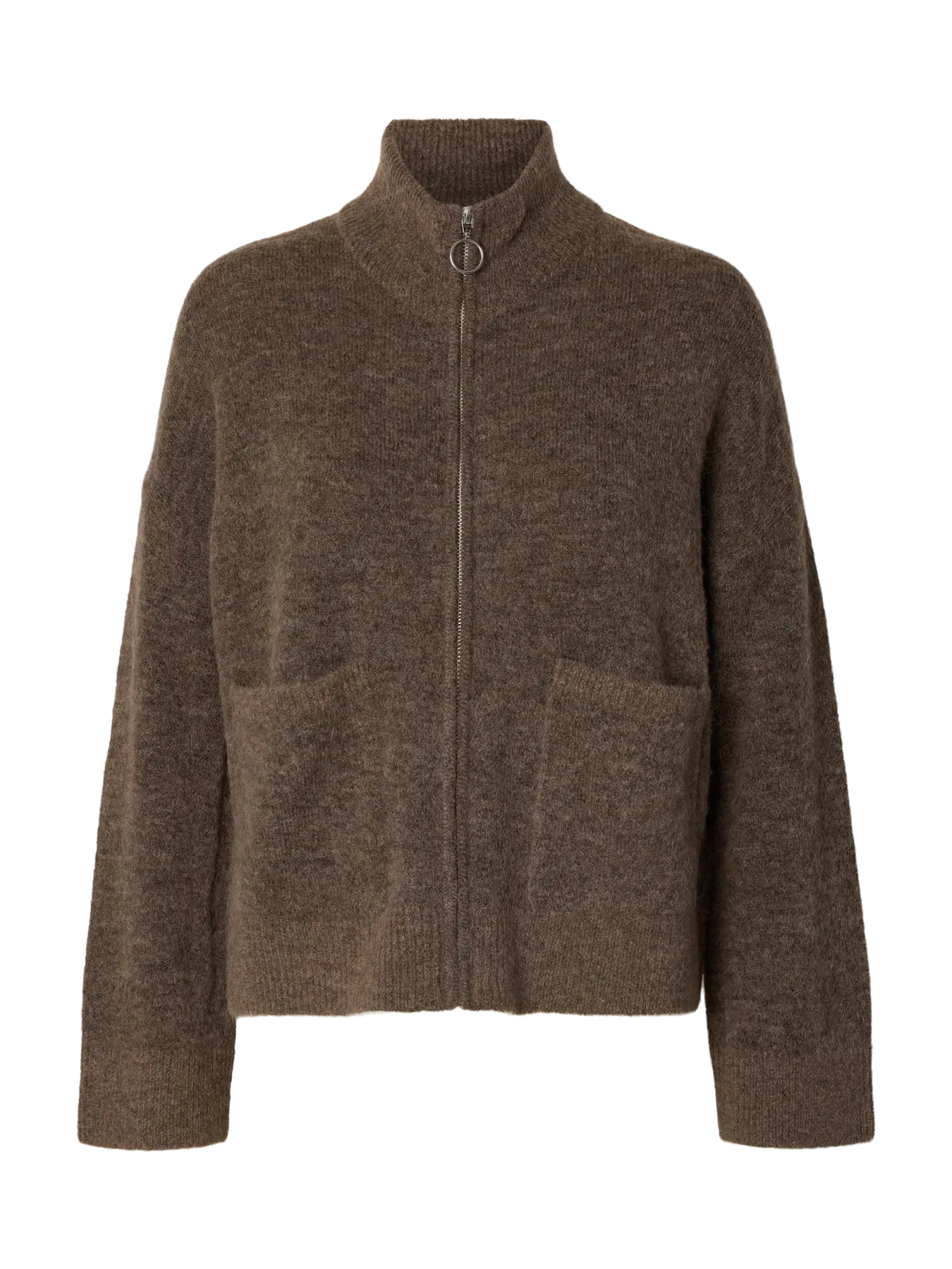 Sia Ras Ls Knit Zipper Cardigan - Chocolate Chip Melange