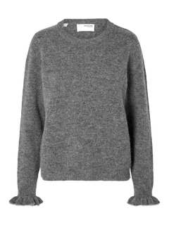 Lulu Ls Knit Frill Cuff O-Neck - Medium Grey Melange