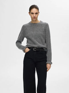 Lulu Ls Knit Frill Cuff O-Neck - Medium Grey Melange