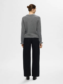 Lulu Ls Knit Frill Cuff O-Neck - Medium Grey Melange