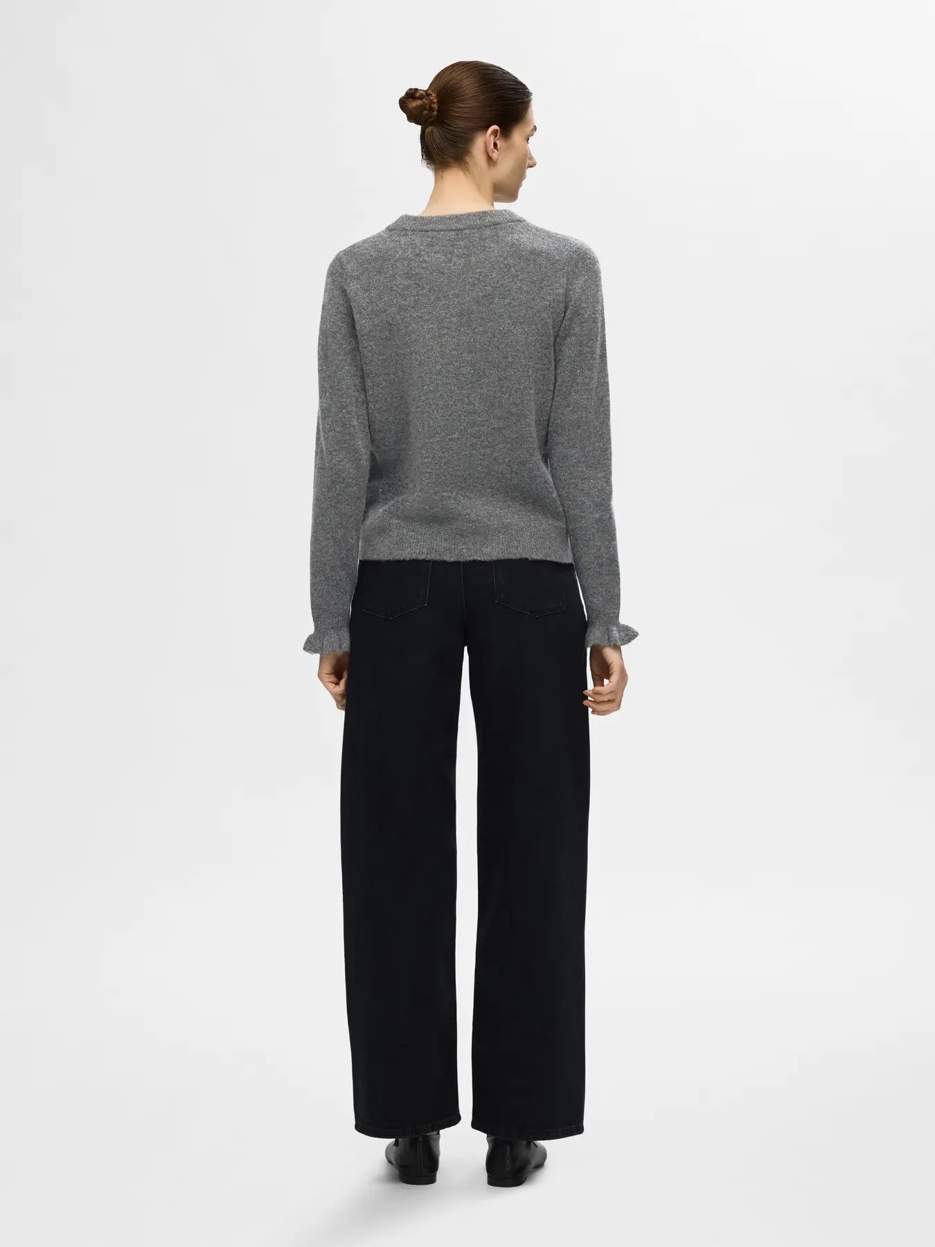 Lulu Ls Stickad Tröja med Volang - Medium Grey Melange
