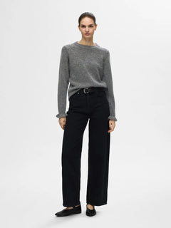 Lulu Ls Knit Frill Cuff O-Neck - Medium Grey Melange