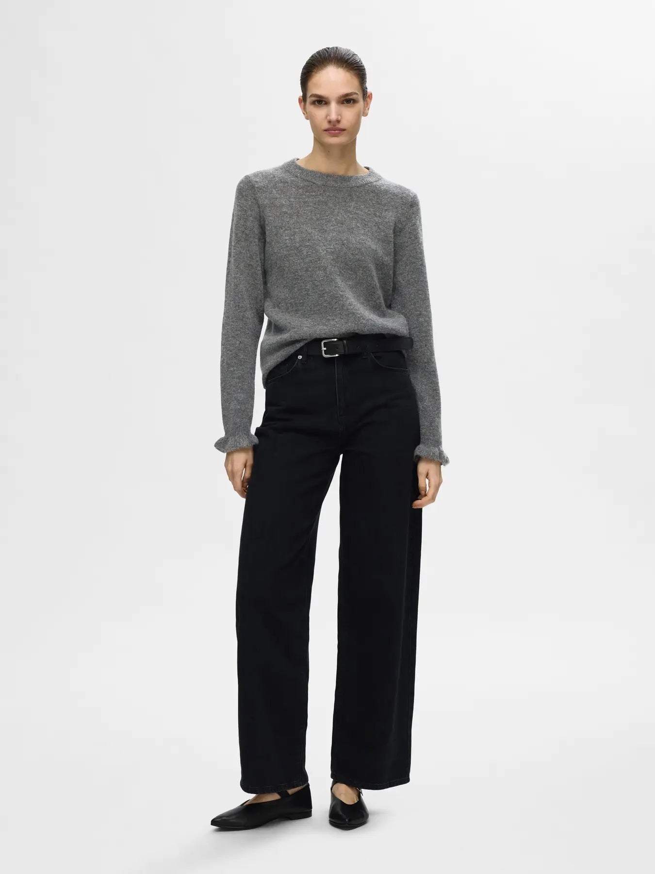 Lulu Ls Stickad Tröja med Volang - Medium Grey Melange