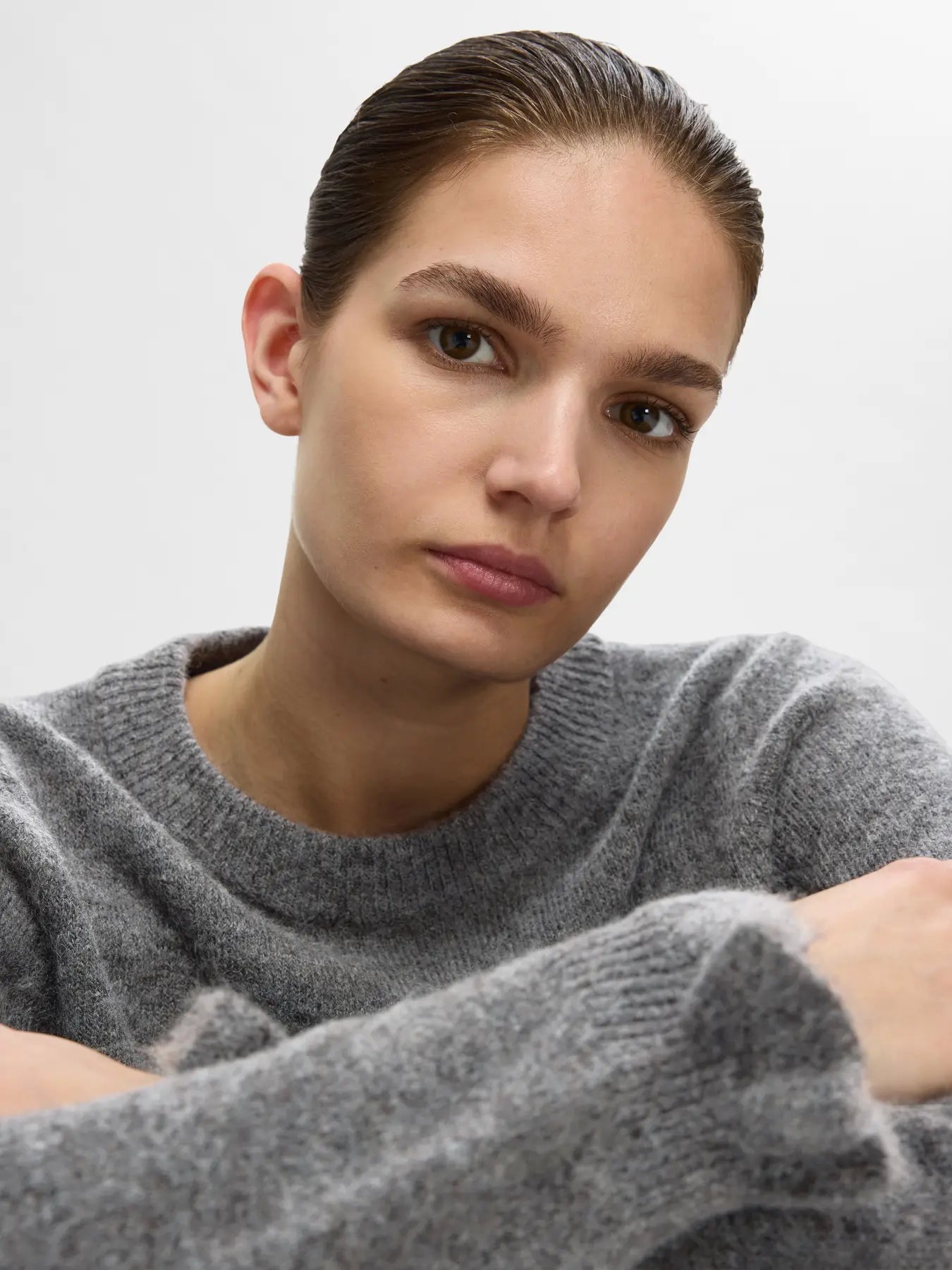 Lulu Ls Stickad Tröja med Volang - Medium Grey Melange