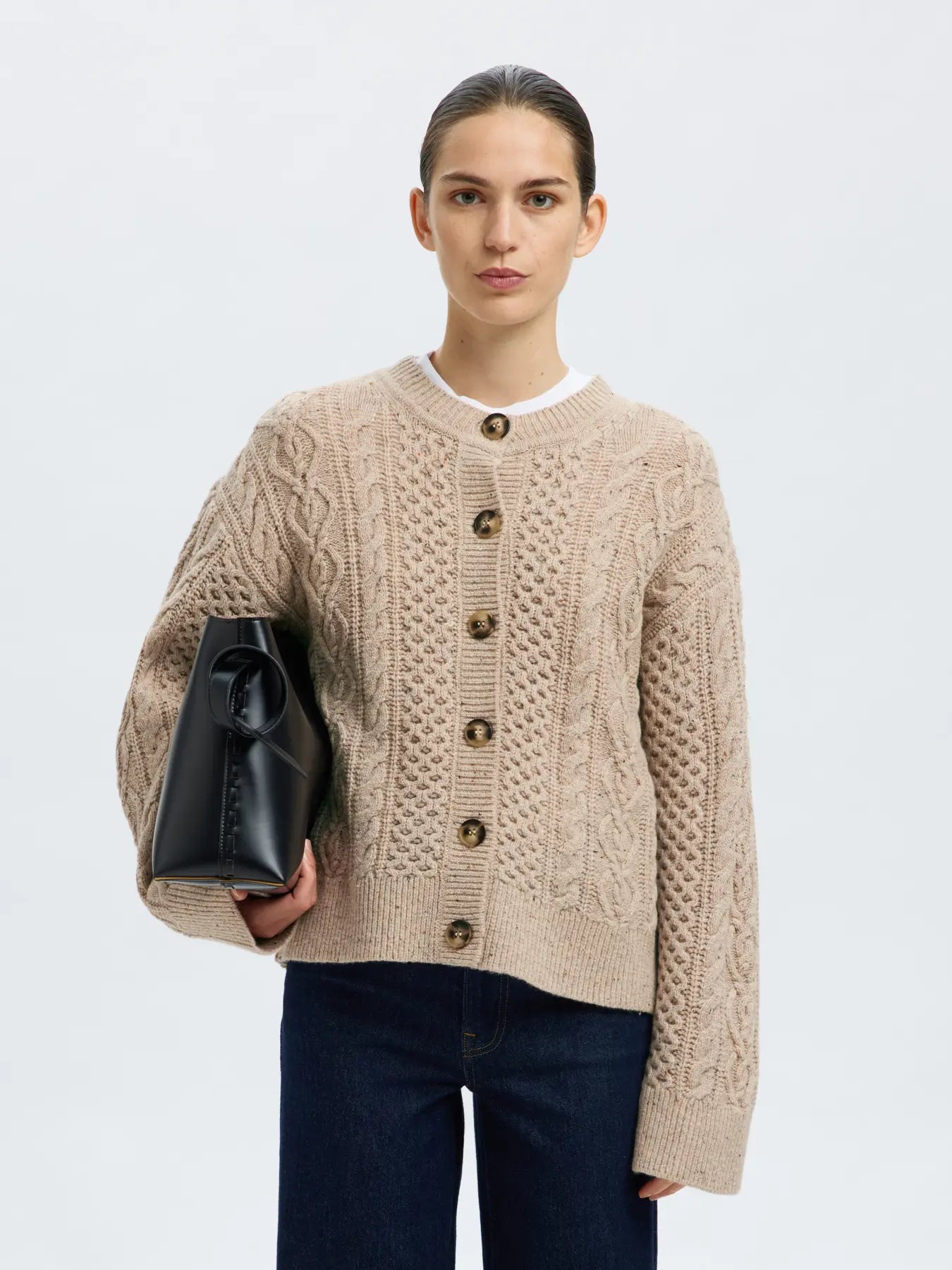 Nelly Ls Knit O-Neck Kofta - Birch Melange