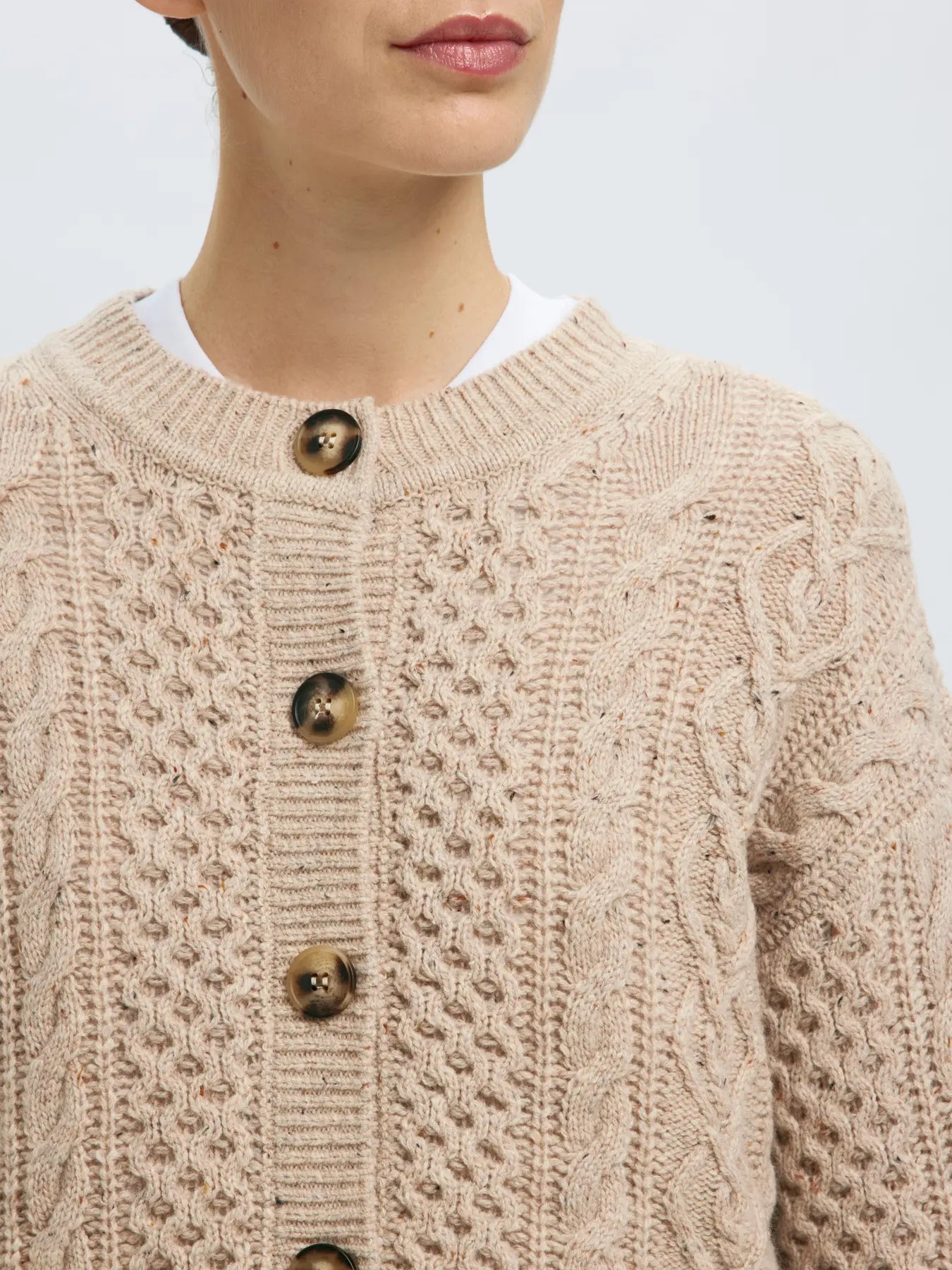 Nelly Ls Knit O-Neck Kofta - Birch Melange