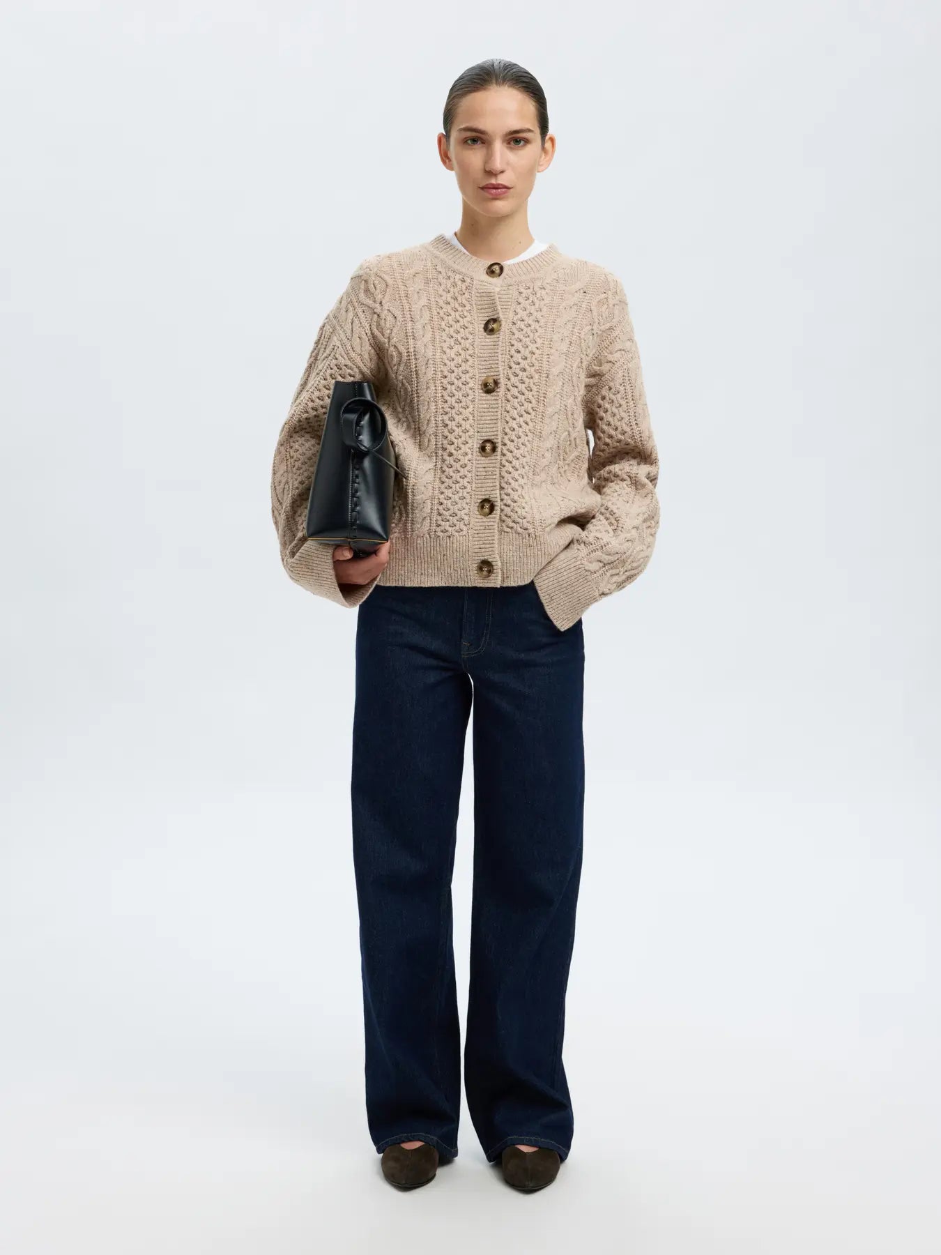 Nelly Ls Knit O-Neck Kofta - Birch Melange