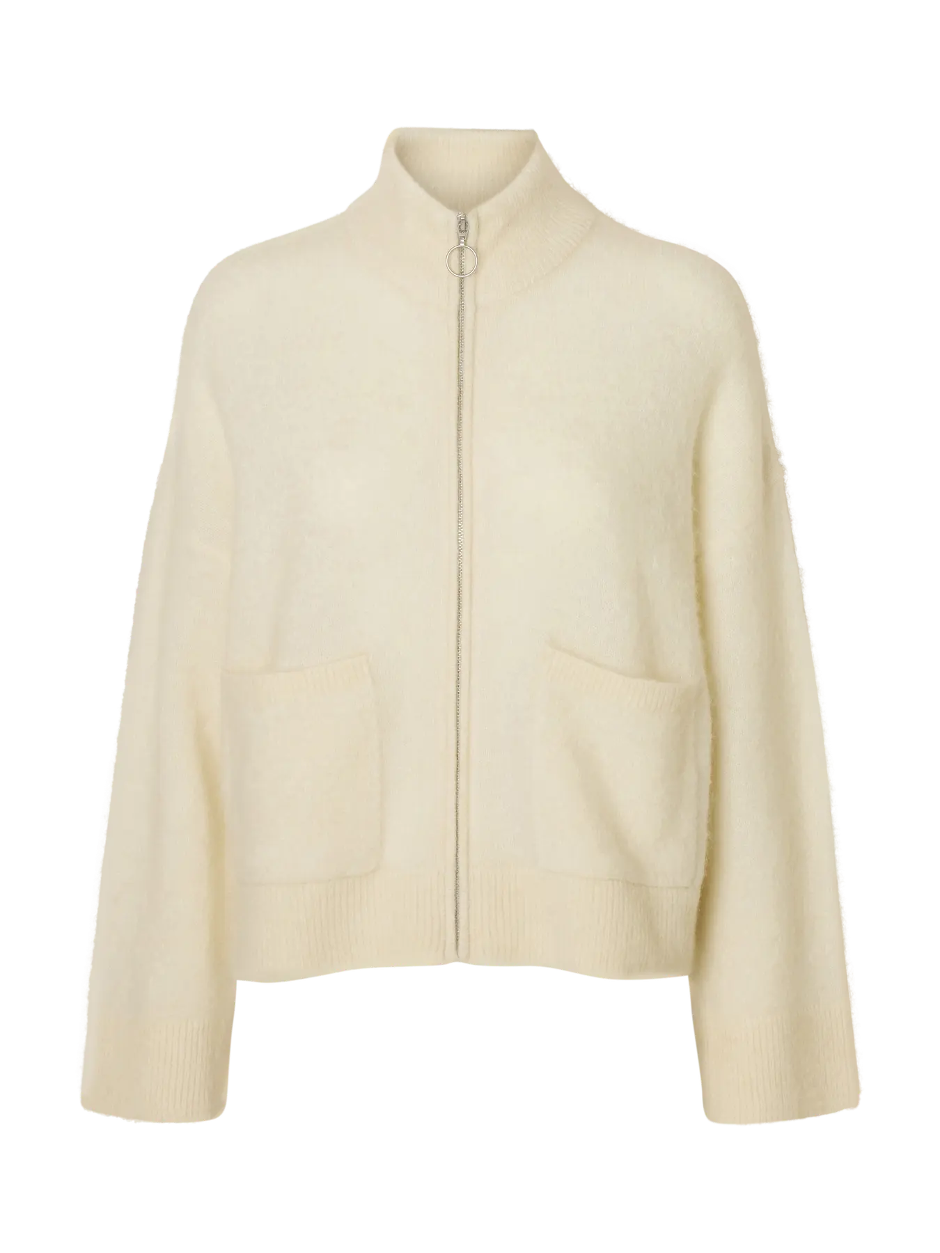 Selected Sia Ras Ls Knit Zipper Kofta - Snow White Melange