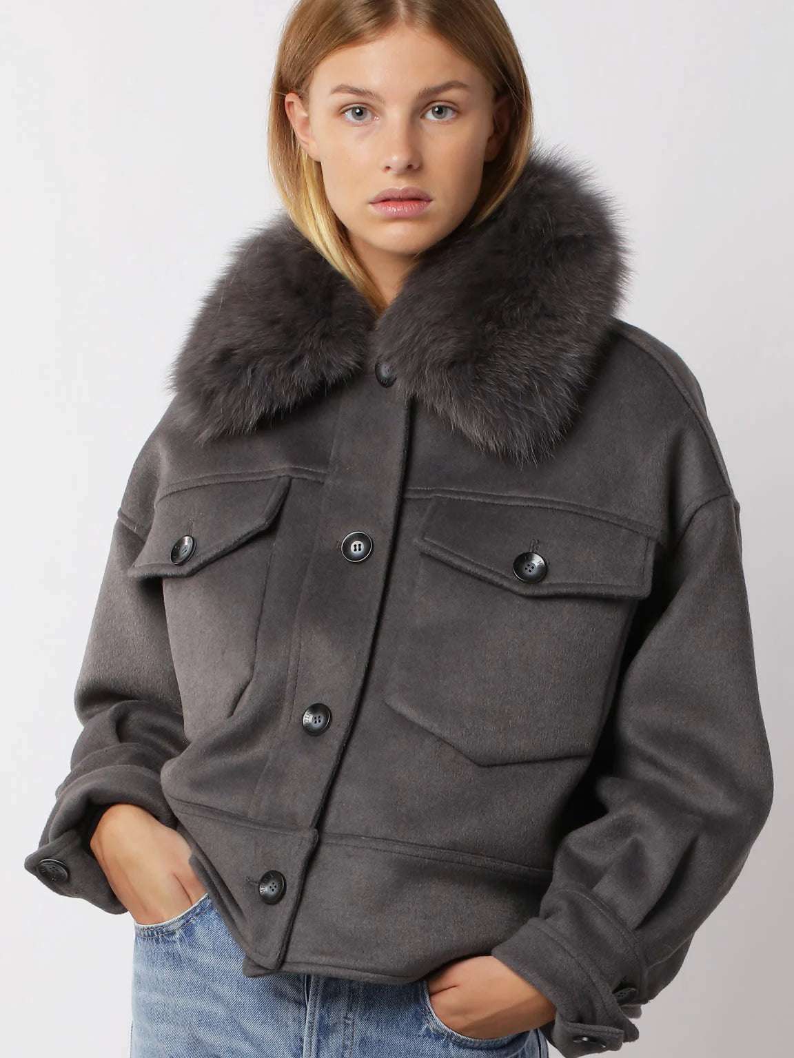 Charlie Jacket - Faux Fur - Wool Dark Grey